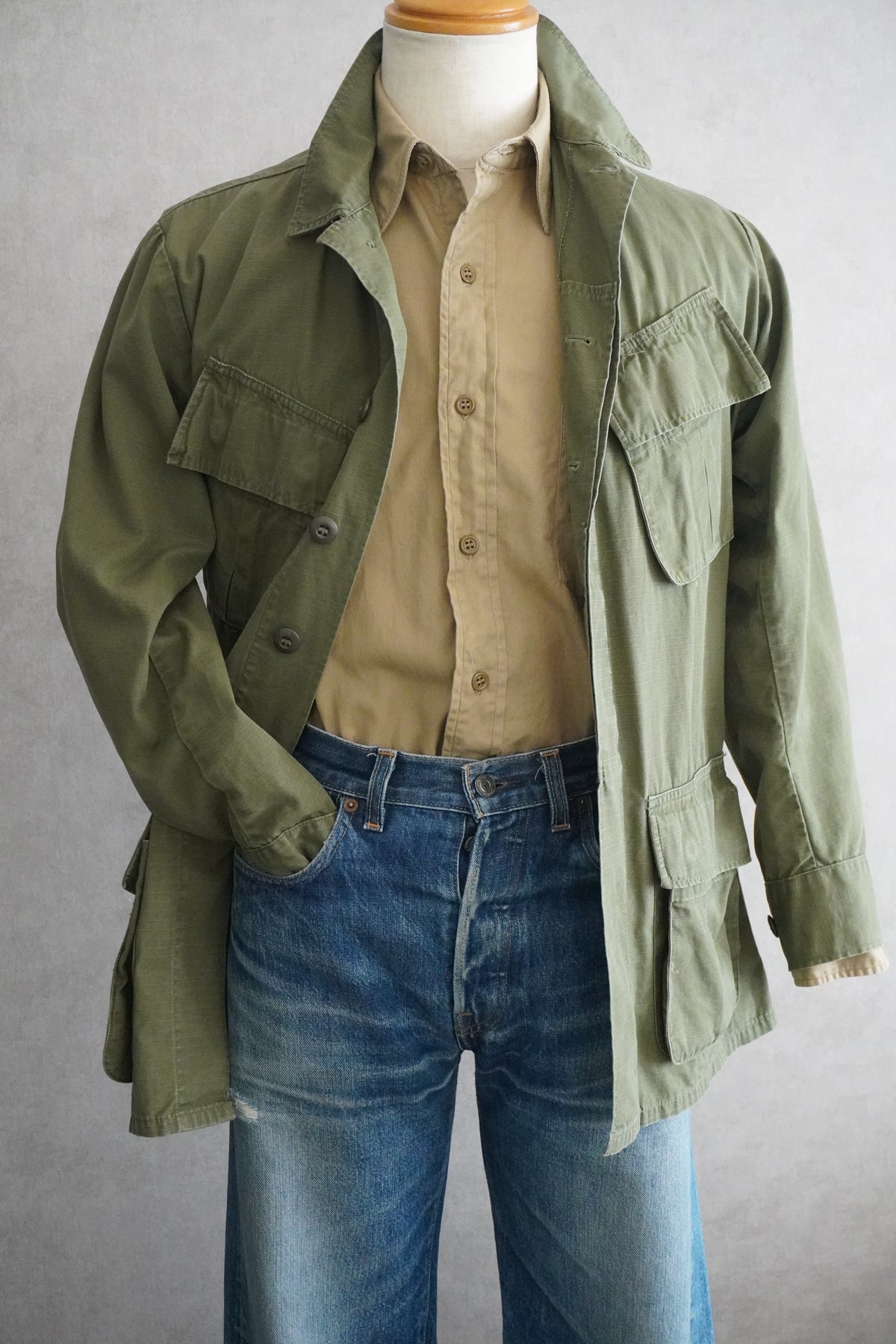 50s U.S.ARMY Cotton Poplin Stand Up Collar Shirt