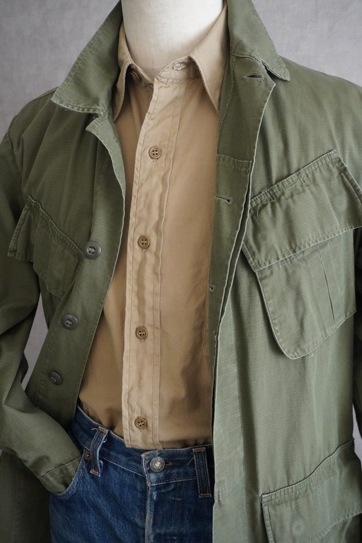 50s U.S.ARMY Cotton Poplin Stand Up Collar Shirt
