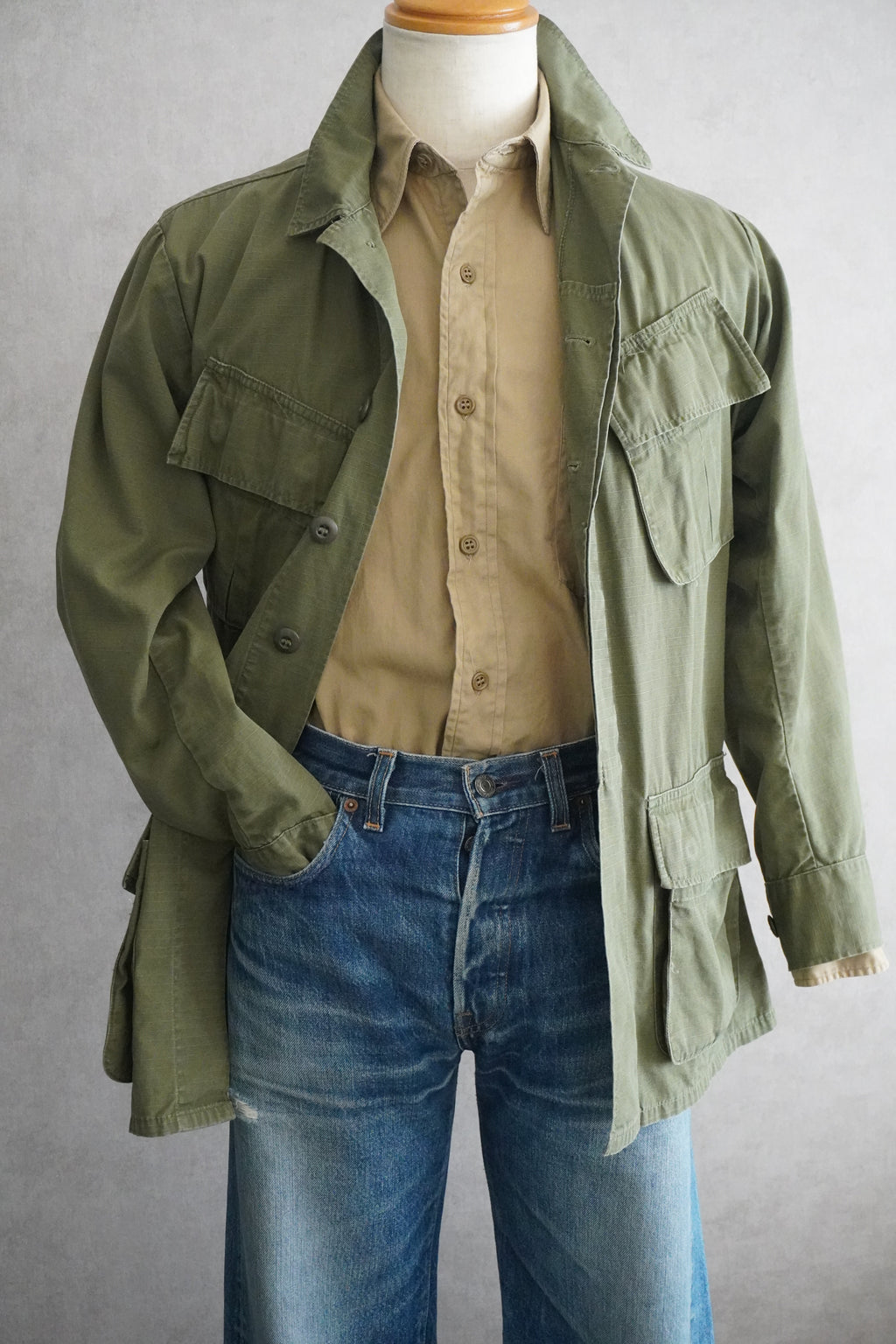 1950s U.S.ARMY Cotton Poplin Stand Up Collar Shirt