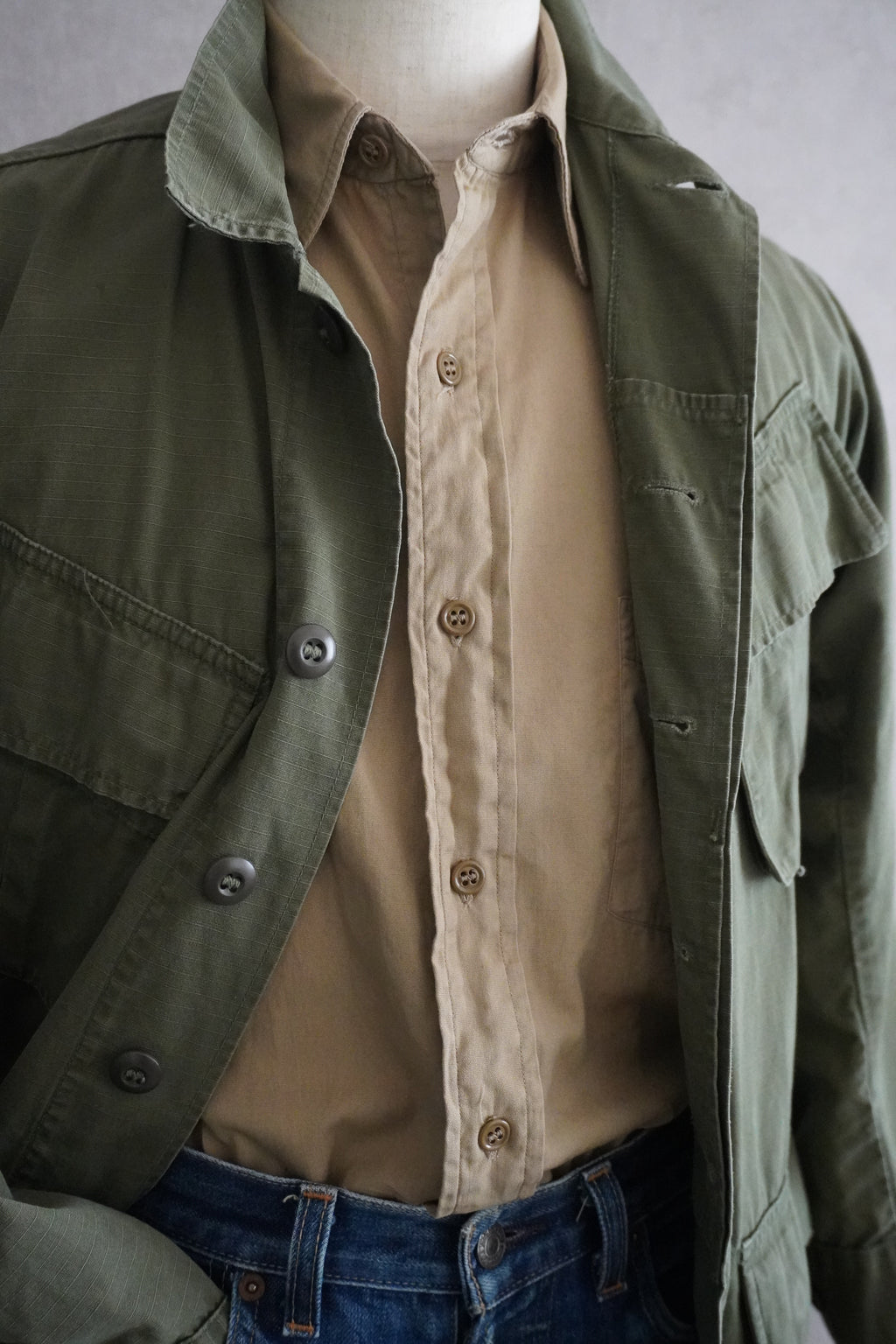 1950s U.S.ARMY Cotton Poplin Stand Up Collar Shirt